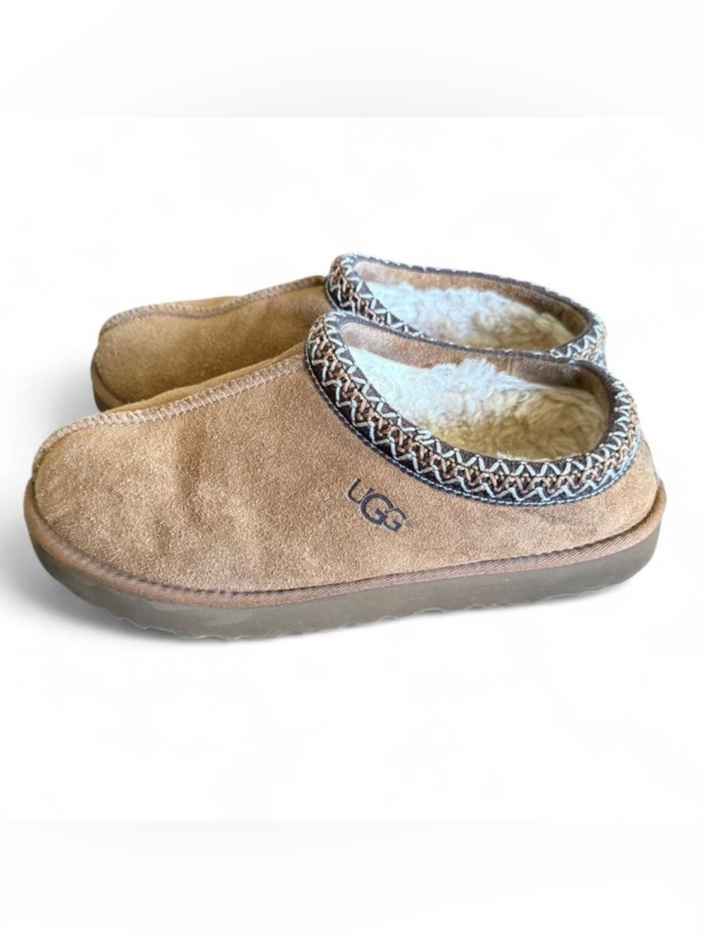 UGG Tan Suede Slip-On Shearling Clogs with Braided Trim